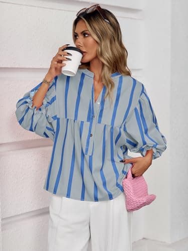 Tankaneo Womens Puff Sleeve Babydoll Tops Summer V Neck Striped Blouse Cute Casual Loose Fit Flowy Shirts Grey - Thumbnail 6