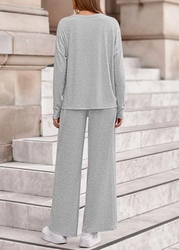 KIRUNDO Spring 2 Piece Lounge Sets for Women Long Sleeve Ribbed Knit Tops Wide Leg Pants Matching Travel Outfits Postpartum(Light Grey, Medium) - Thumbnail 2