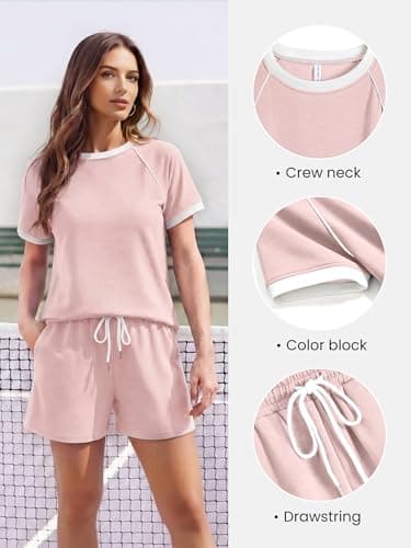 Casly Lamiit 2 Piece Lounge Sets for Women Travel Outfits Short Sleeve Tops Summer Drawstring Shorts with Pocket Going Out Sweatsuit Light Pink M - Thumbnail 2