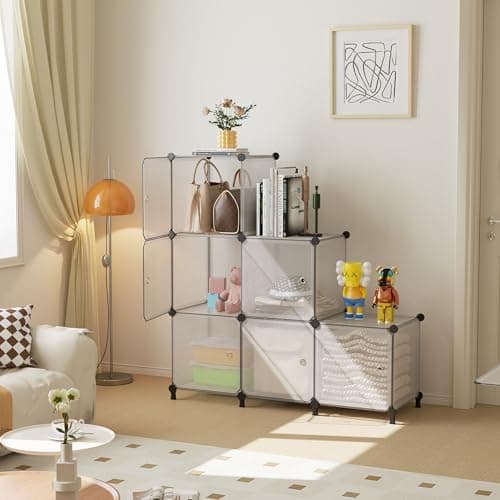 ATTDETJL Cube Storage Organizer, 6-Cube Shelves Unit with Doors, DIY Stackable Plastic Clothes Organizer for Bedroom and Under Stairs Storage Unit, Each Compartment 30 x 30 x 30 cm Striped White - Thumbnail 6