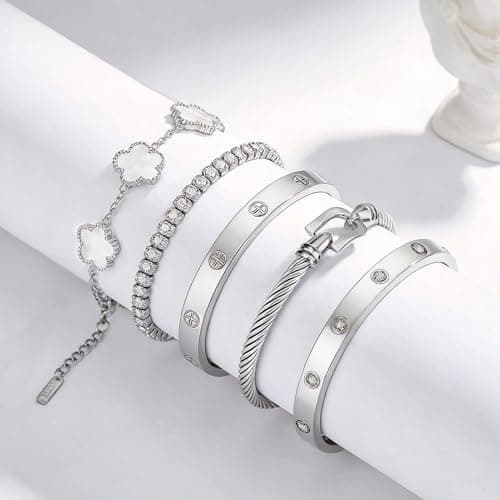JINDETAI Stackable Silver Bracelets for Women - 3/4/5 Sets, Non-Tarnish Stainless Steel & Sterling Silver Trendy Stackable Bangle Jewelry Set, Gifts for Valentine's Day, Birthday, Prom and Christmas - Thumbnail 5