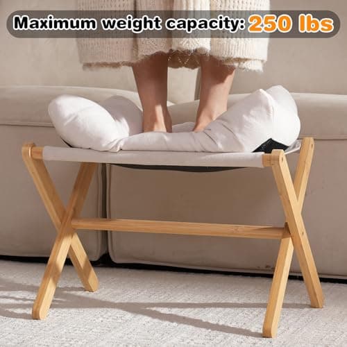 Baveke Ottoman Foot Rest- Bamboo Foldable Stool, Foot Stools Small Ottman with Upholstered & X Legs, Folding Stool for Makeup, Bedroom and Living Room (Large Beige) - Thumbnail 6