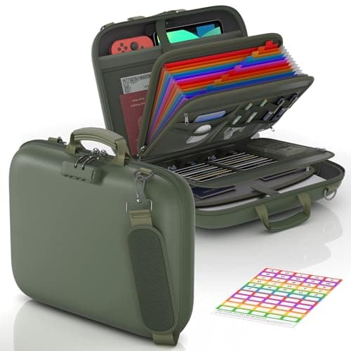 Nacial Fireproof Document Box with Lock & Shoulder Strap, Hard-Shell Fireproof File Organizer with 13 Pocket Accordion File Folder, Portable Safe Storage for Important Documents, Laptop, Green