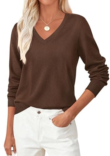 PRETTYGARDEN Women's V Neck Sweaters 2026 Fall Casual Long Sleeve Classic Pullover Cozy Knit Tops Loose Basic Winter Clothing (Caramel,Large) - Image 1