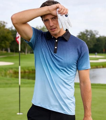 uideazone Golf Shirt for Men Dry Fit Performance Polo Shirts Gradient Blue Golf Short Sleeve Moisture Wicking Golf Polo 3XL - Thumbnail 2