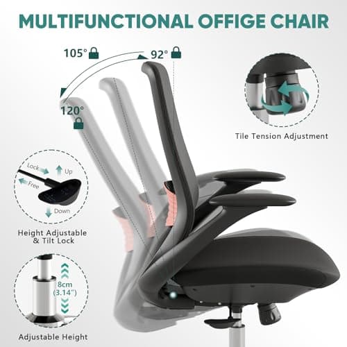 Ergonomic Mesh Office Chair, 330LBS Executive Desk Chair with Lumbar Support, 2D Armrests, Comfy Swivel Computer Task Chairs for Long Hours (Black) - Thumbnail 5
