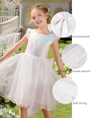 GRACE KARIN Girls Party Sequin Dress Size 8, Kids Birthday Dance Formal Sparkly Dresses, Wedding Flower Girl Dress White - Thumbnail 6