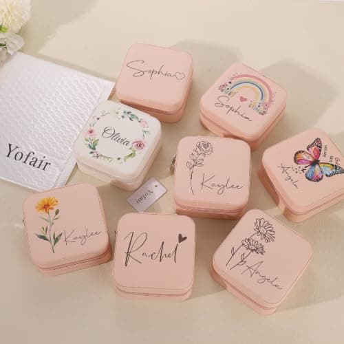 Yofair Personalized Jewelry Box Custom Leather Travel Jewelry Case Ring Box Bridesmaid Gifts Birthday Christmas Gifts for Women - Thumbnail 6