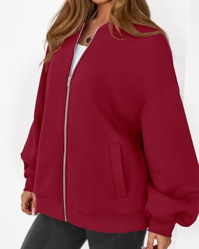 KIRUNDO Oversized Sweatshirt for Women Zip Up Bomber Jacket 2026 Fall Fashion Casual Long Sleeve Outerwear Winter Outfits(Red, Large) - Thumbnail 3