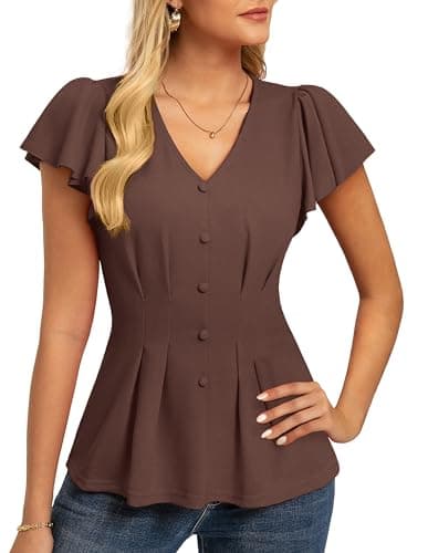 GRACE KARIN Summer Blouses for Women Dressy Casual, 2026 Ruffle Sleeve Peplum Tops, V Neck Business Work Shirts Coffee XL - Image 1