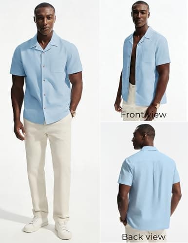 PJ PAUL JONES Mens Casual Button Down Shirts Short Sleeve Cuban Guayabera Shirts Cotton Linen Vacation Collar Untucked Dress Shirt Blue - Thumbnail 2