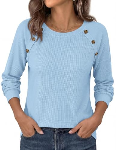 PRETTYGARDEN Fall Long Sleeve Waffle Knit Shirts for Women, Light Blue,L - Thumbnail 6