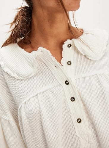 KGGT Women's Waffle Knit Tops Long Sleeve Henley Shirts Oversized Pullover Peter Pan Collar Loose Tunic Blouses(White,L) - Thumbnail 4