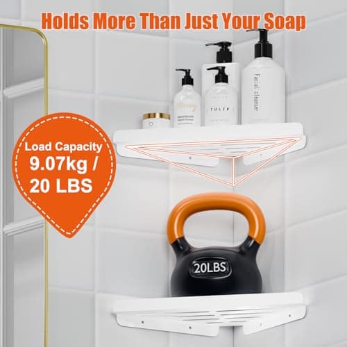Fikoksol Shower Caddy, 2 Pack Bathroom Corner Shelf, Triangle Shelf Storage for Bathroom Shower, White Metal Shower Shelf & Rustproof Wall Mounted Adhesive Glue Organizer Accessories and Essentials - Thumbnail 3