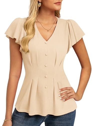 GRACE KARIN Summer Blouses for Women Dressy Casual, 2026 Ruffle Sleeve Peplum Tops, V Neck Business Work Shirts Apricot M - Image 1