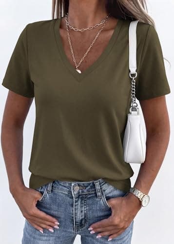 KIRUNDO V Neck T Shirts for Women Summer Tops Oversized Spring Short Sleeve Casual Basic Tees Tunic Blouse Fashion Clothing(Army Green, XX-Large) - Thumbnail 4