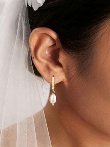 POAIIU Gold Pearl Earrings for Women, Pearl Drop Earrings 14K Plated CZ Pave Huggie, Pearl Hoop Earrings Bridesmaid Earrings Tarnish Resistant - Thumbnail 3