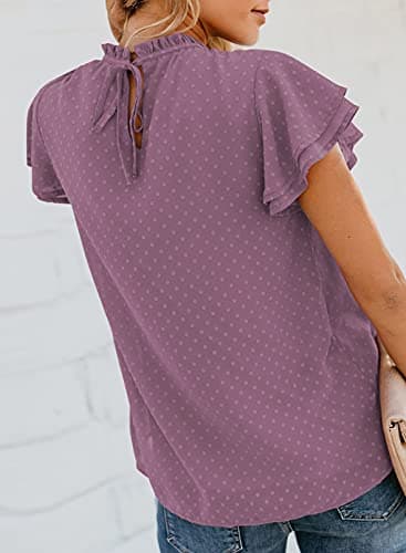 Dokotoo Women's Ladies Sexy Lace Crewneck Ruffle Short Sleeve Smocked Shirts for Women Casual Loose Cute Swiss Dot Pom Pom Chiffon Blouses Tops Small Purple - Thumbnail 2