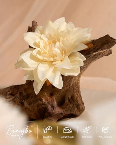 BSMYBO White Flower Artificial Roses Faux Flowers with Stems Mix Fake Roses Dahlia Chrysanthemum Ball for Wedding Bridal Bouquets, Table Centerpieces, Baby Shower, Party, Home Decorations - Thumbnail 3