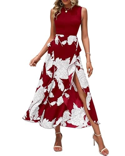 BTFBM Summer Dresses for Women 2026 Casual Spring Floral Sleeveless Ruffle Boho Cocktail Wedding Guest Party Midi Dress(Big Floral White Wine Red, Small) - Image 1