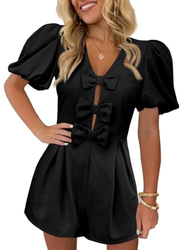 Cicy Bell Womens Cute Rompers Bow Front Puff Sleeve V Neck Short Jumpsuits Sexy Summer Outfits with Pockets - Image 1