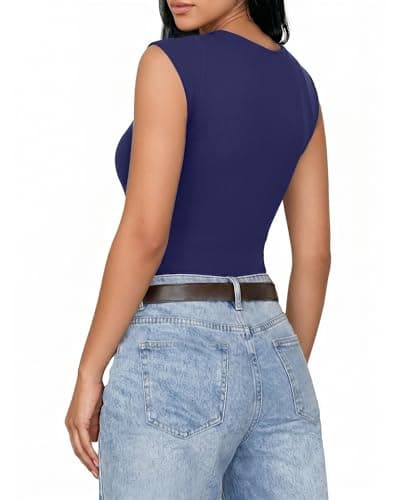 MANGOPOP Women's Sleeveless Twist Knot Asymmetrical Bodysuit Double Lined Sexy Thong Body Suit Top 2026, Deep Blue, Medium - Thumbnail 3