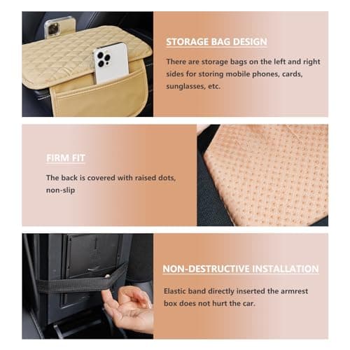 XUPEIXUN Car Center Console Cover,Microfiber Leather Car Armrest Cover Cushion with Storage Bags, Universal Car Armrest Storage Box Car Interior Accessories for Most Vehicles, Beige - Thumbnail 3