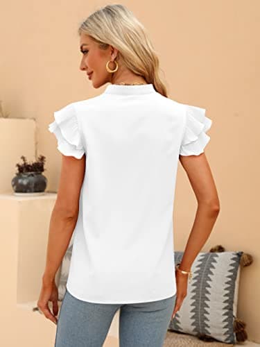 Sucolan White Tops for Women Notch V Neck Blouse Cap Sleeve Blouses Dressy Casual Cute Summer Tops White M - Thumbnail 5