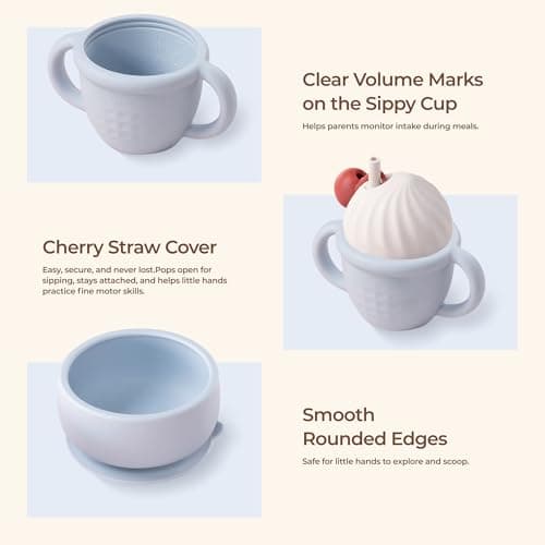 COZY ROCK Silicone Baby Feeding Set, Gelato Collection Baby Led Weaning Supplies, First Self-Feeding Ice Cream Set, Silicone Suction Bowl with Cherry Lid & Plate, Straw Cup & Bib, Fork & Spoon - Thumbnail 2