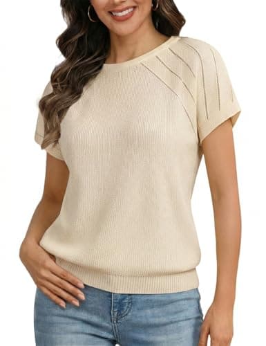 CiCiBird Short Sleeve Sweater for Women Cap Sleeve Knit Tops Trendy Business Casual Summer 2026 Clothes Beach Vacation Outfits Apricot S - Image 1