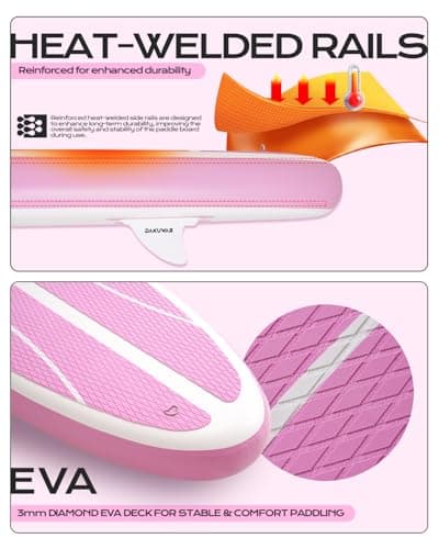 DAKUWAR Inflatable Paddle Board 10'x31.5''x6'' Folding Stand up Paddle Boards with SUP Accessories Valve Adaptor/2 fins/SUP Backpack/Ankle Leash/Repair Kit (Pink and White) - Thumbnail 4