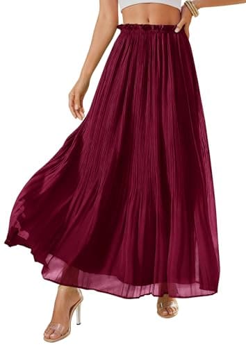 PRETTYGARDEN Pleated Midi Skirts for Women 2026 Flowy Summer Beach Vacation High Waisted Chiffon Boho A-Line Long Skirt(Wine Red,Small) - Image 1