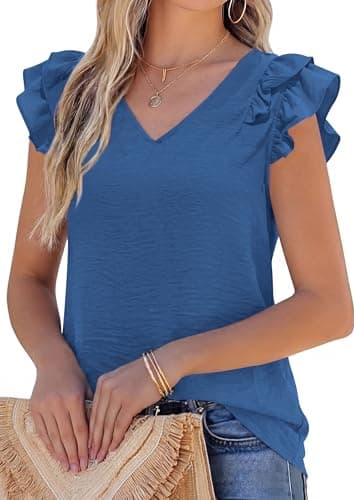 PRETTYGARDEN Blouses for Women Dressy Casual Summer Going Out Tops 2026 Spring Business Work V Neck Ruffle Cap Sleeve Shirts (Blue,Large) - Image 1