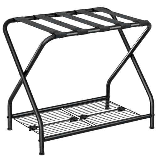 NEFROM Luggage Rack with Storage Shelf, Foldable Suitcase Stand, Heavy Duty Metal Luggage Holder, 150 lbs Top Capacity, 50 lbs Bottom Shelf, for Guest Room, Bedroom, Hotel LR-BK-1 - Thumbnail 4
