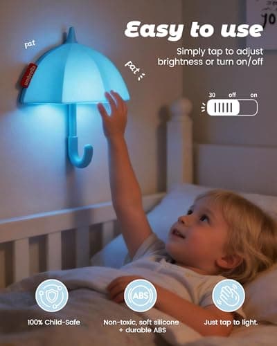 joyful xinghai Kids Night Light Umbrella, Silicone Tap Control Magnetic Bedside Lamp with Time Auto-Off, Cute Portable LED Nursery Light for Baby, Toddler, Bedroom and Keychain Holder - Thumbnail 3