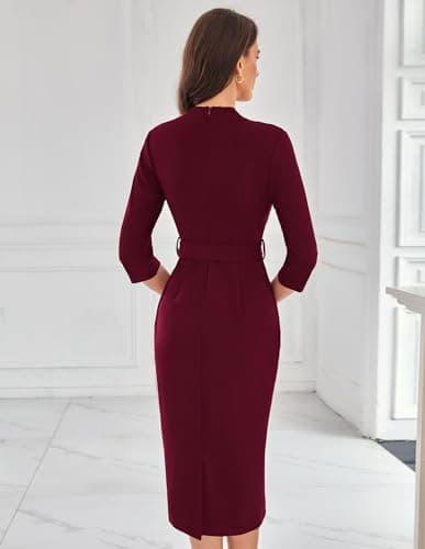 Office Dresses V Neck 3/4 Sleeve Church Dresses for Women Midi Pencil Dress L Burgundy - Thumbnail 6