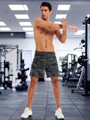 3rd hill Men's 7 inch Running Shorts with Zipper Pockets Quick Dry Athletic Gym Workout Shorts Lightweight Grey Camo L - Thumbnail 3