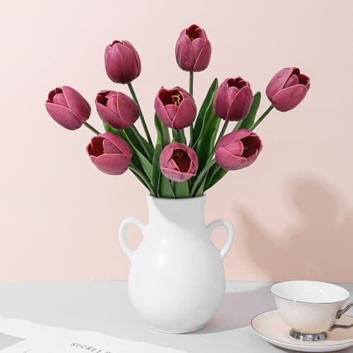LILUYTO Deep Red Fake Tulips,18.5" PU Artificial Tulips Flowers for Spring Easter Home Kitchen Wedding Bouquet Bulk Mother's Gift Day Decorations - Image 1