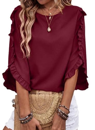 EVALESS Womens Summer Tops 2026 Trendy 3/4 Length Sleeve Blouse Tops Dressy Casual Blouses Crewneck Ruffle Sleeve Shirts Wine Medium
