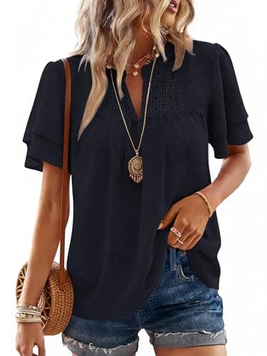 Bellcoco Womens Summer Tops Ruffle Short Sleeve V Neck Boho Blouse Swiss Dot Dressy Flowy Shirts Casual Tunic(Navy Blue,XX-Large) - Image 1