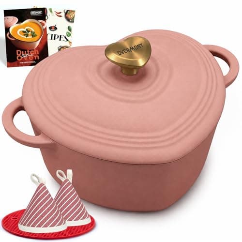 Overmont Heart-Shaped Enameled Cast Iron Dutch Oven, 2QT Pink Mini Pot with Lid for Cozy Meals, Soups & Small Batch Baking, Cute Kitchen Cookware Gift for Wedding, Housewarming & Birthday
