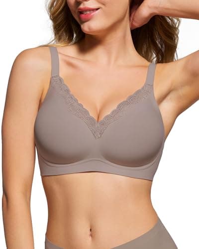 HORISUN Wireless No Underwire Bra for Women V-Neck Lace Trim Jelly Supportive Seamless Bra Comfortable Tshirt Bralette (Grey 38DDD) - Image 1