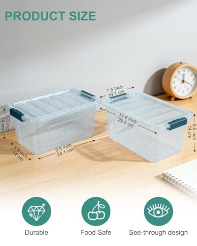 Storage Bins with Lids 6 Pack Clear Storage Containers, 7 Quart Stackable Plastic Containers with Secure Buckle Latch, Durable Storage Box Organizer for Pantry, Closet, Office & Classroom, Blue - Thumbnail 2