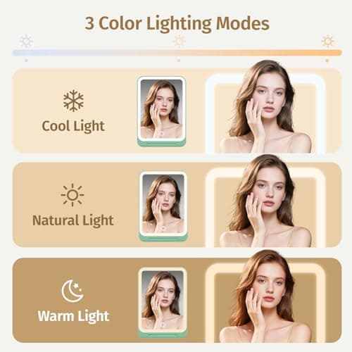 INFOOD Travel Makeup Mirror - Rechargeable LED Vanity Mirror 7.8x5 Inches with 1X/3X Magnifying, 3 Color Dimmable Light, Touch Screen, Foldable Design with Stand, Portable for Travel, Mint Green - Thumbnail 3