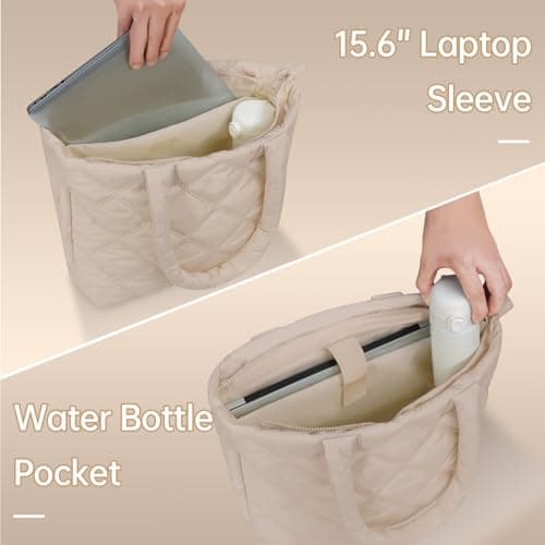 soewten Puffer Tote Bag for Women, Quilted Bag with Zipper, Small Tote HandBags for Work, Travel, Greyish Brown - Thumbnail 3