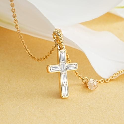 LADYGD Cross Necklace for Women, 14K Gold Plated Baguette Cubic Zirconia Removable Pendant Adjustable Dainty Jewelry White - Thumbnail 6