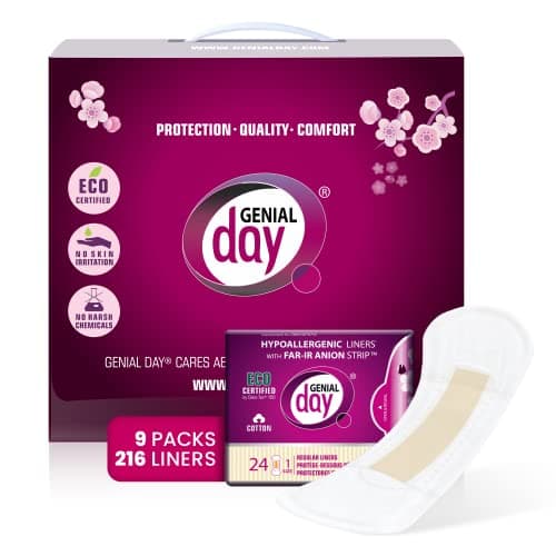 Genial Day - Cotton Panty Liners, Vegan & Non-Toxic Liners, Cotton Panty Liners for Women with Far-IR Anion Strip, Soft & Breathable, 6.1 Inches Long (Regular), 216 Liners, 9 Packs X 24 Cotton Liners - Image 1