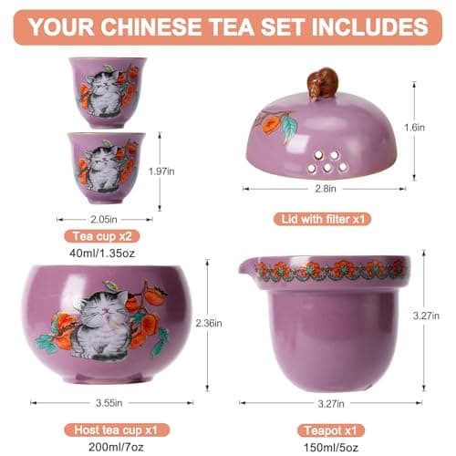Mini Tea Cups,Cute Lucky Cat Cups,Small Tea Mugs,Porcelain Gongfu Tea set with 3 in 1,Tea Sets for Adults,Ceramic Tea Infuser Cup for Loose Leaf for Women/Tea Lovers/Birthday/Mother's Day (Purple) - Thumbnail 6