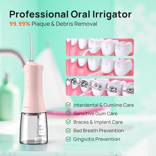 Operan 300ml Cordless Water Dental Flosser, Portable Water Flossers for Teeth, 4 Pulse Modes IPX7 Waterproof Oral Irrigator with 4 Tips, 21 Days Runtime for Travel, Home, Braces, Gum Care, Pink+1Pack - Thumbnail 2