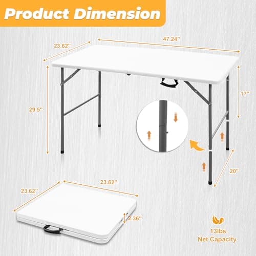 Outspurge 4ft Portable Folding Table, Indoor Outdoor Plastic Dining Table w/Handle, Fold-in-Half Utility Foldable Table for Camping, Picnic and Party, White - Thumbnail 2